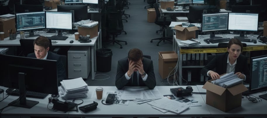 Office scene showing several professionals at desks surrounded by paperwork and computer screens, with one person holding their head in stress, illustrating operational pressure and lack of financial control in a growing business.