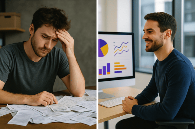 Split image showing a stressed man buried in receipts on the left, and a confident professional analysing charts on a computer on the right, symbolising the difference between misusing a CFO and using them strategically.