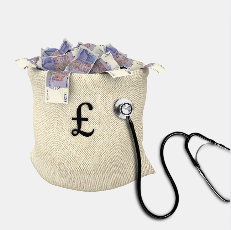 A money bag filled with British pound notes with a stethoscope attached, symbolising checking the health of business cash flow.