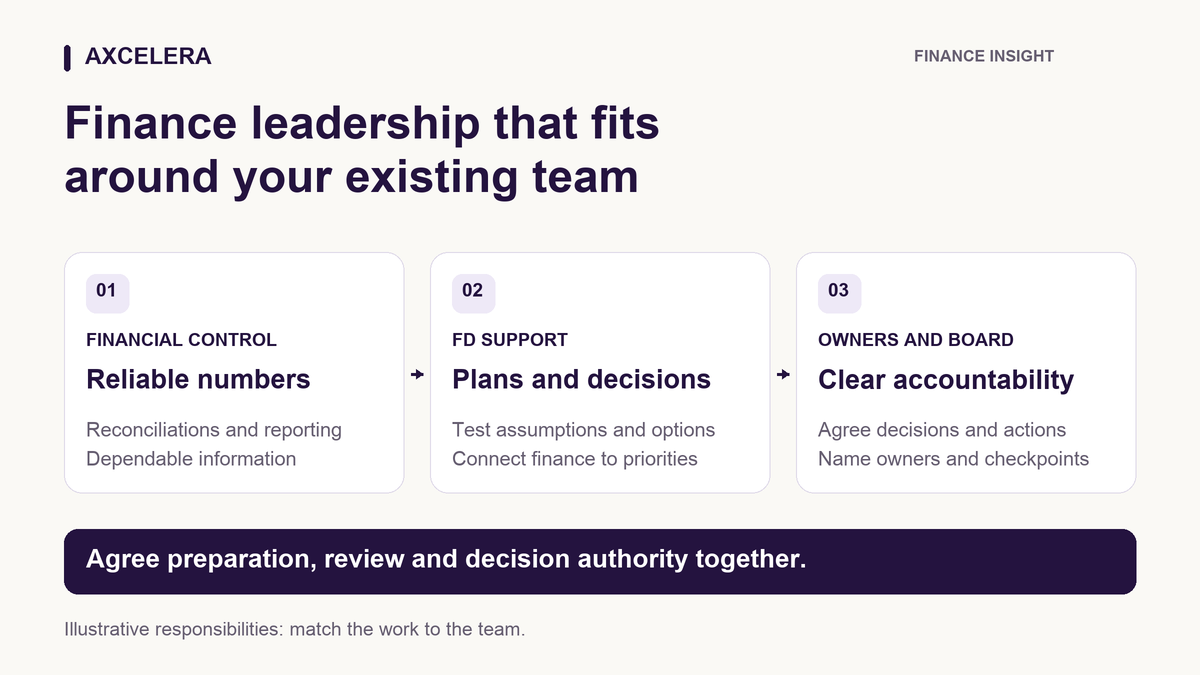 Illustrative responsibilities for financial control, Finance Director support, and the owners and board.